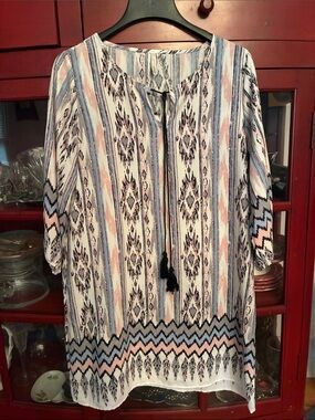 mittoshop Striped Ikat Long Sleeve Tunic in White, Blue, Pink